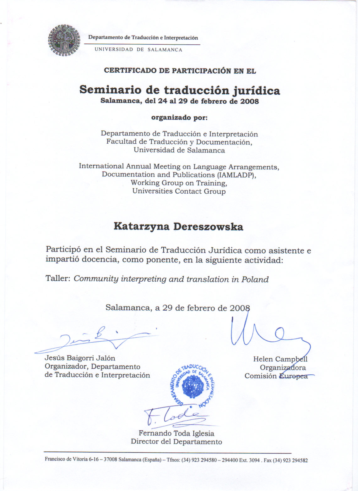 Certyfikat uczestnictwa w seminarium dla tłumaczy tekstów sądowych, Uniwersytet w Salamance, 2008